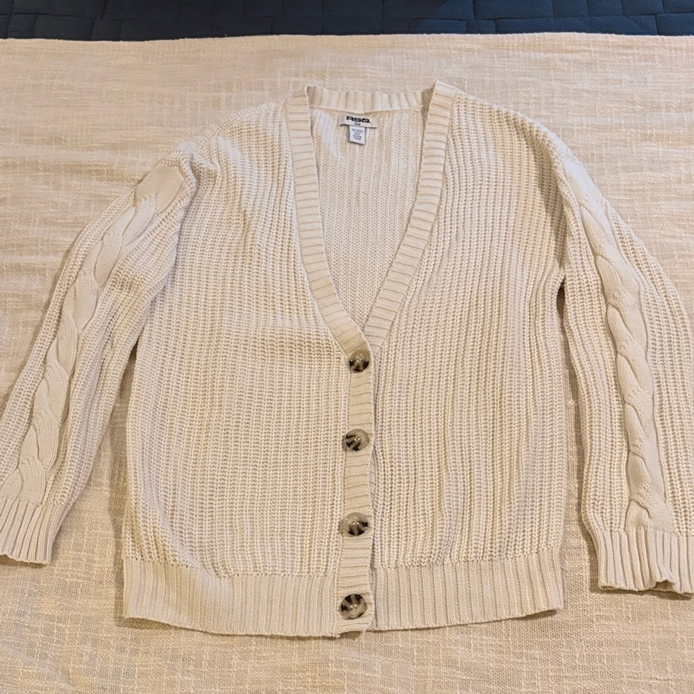 Faded Glory Cream Cable-Sleeve Button Cardigan